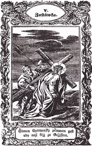 V. zastávka - Šimon Cyrenenský přinucen jest aby nesl kříž za Ježíšem.